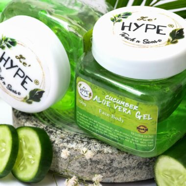 Refreshing cucumber aloe vera gel ideal for skincare, presented with fresh cucumber slices and green textures.